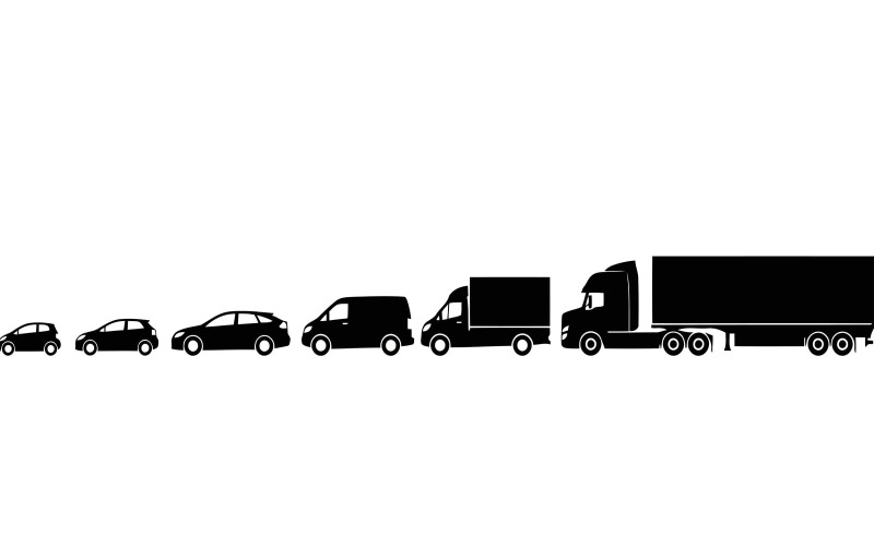 Černá silueta aut a nákladních automobilů v řadě na vektoru izolovaných na bílém pozadí