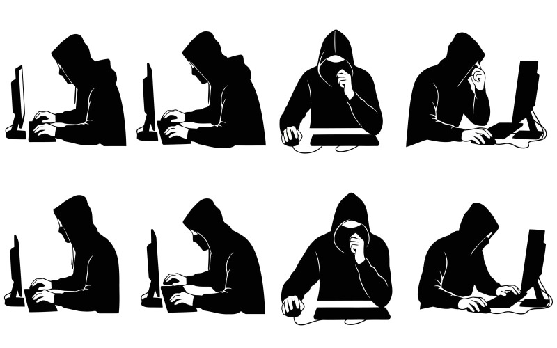 Huit silhouettes de hackers à capuche noire travaillant sur des ordinateurs portables dans divers environnements, isolées sur fond blanc.