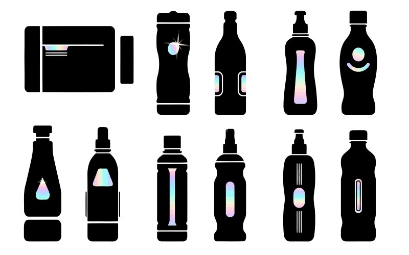 Minimalistische zwarte silhouetten van diverse cosmetische flesjes en verpakkingen, geïsoleerd op een witte achtergrond.