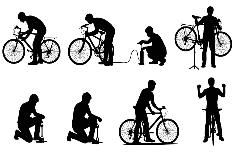Silhouette d'un homme effectuant diverses opérations d'entretien de vélo, isolée sur fond blanc.