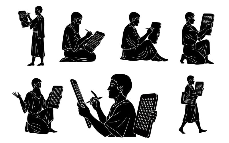 Silhouette di uomo in varie pose che legge e scrive su sfondo antico isolato su bianco