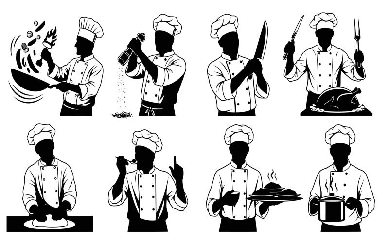 Silhueta de chefs em diversas ações culinárias, vetor isolado em fundo branco.
