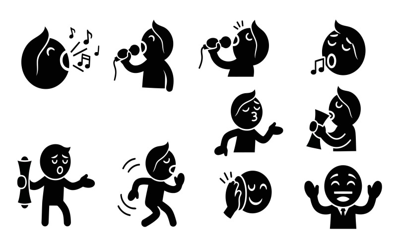 Personajes de silueta negra cantando y hablando, arte vectorial plano, aislados sobre fondo blanco.