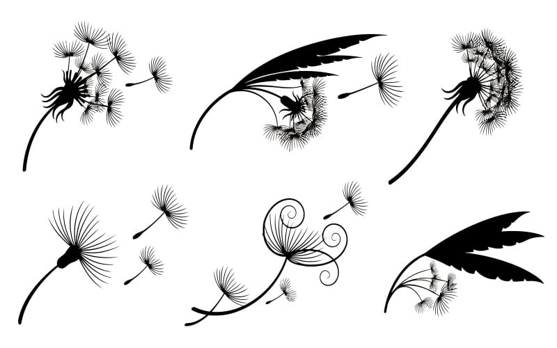Siluetas de diente de león negro con semillas al viento, diseño plano, aisladas sobre fondo blanco.