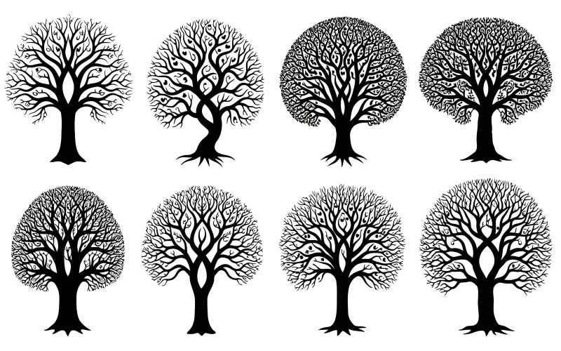 Beyaz arka plan üzerinde izole edilmiş, stilize edilmiş siyah dekoratif ağaçlar ve karmaşık dallar illüstrasyonu.