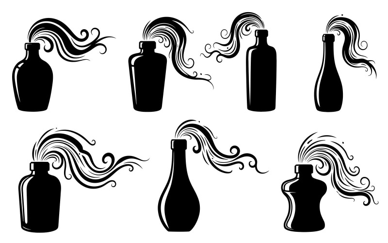 Bottiglie con silhouette nera con liquido decorativo vorticoso vettoriale isolato su sfondo bianco