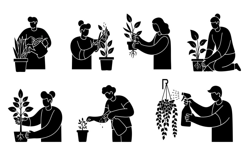 Conjunto de ilustrações em silhueta para jardinagem doméstica e cuidados com plantas, isoladas em fundo branco.