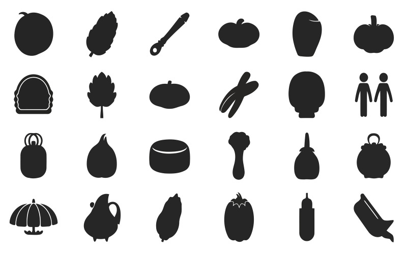 Diverse zwarte silhouetpictogrammen van fruit, groenten en gereedschap, geïsoleerd op een witte achtergrond.