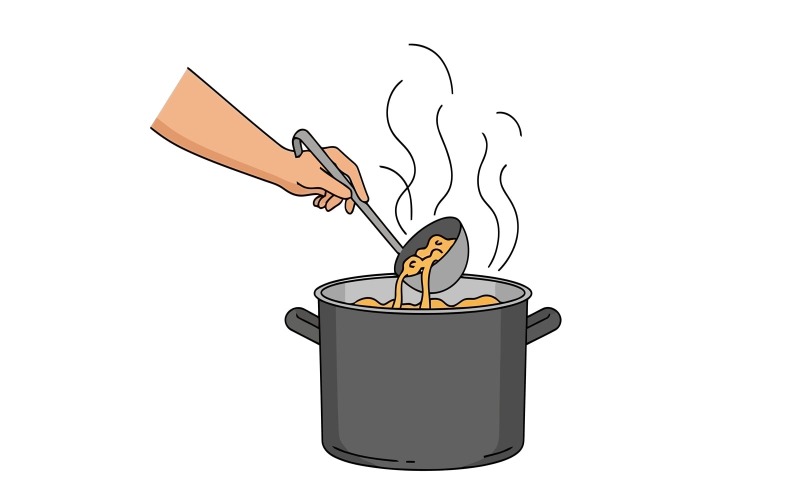 Ilustração de uma panela cozinhando massa, isolada em fundo branco.