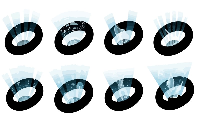 Ilustración de diseño plano de anillos negros que proyectan luz azul abstracta aislada sobre fondo blanco