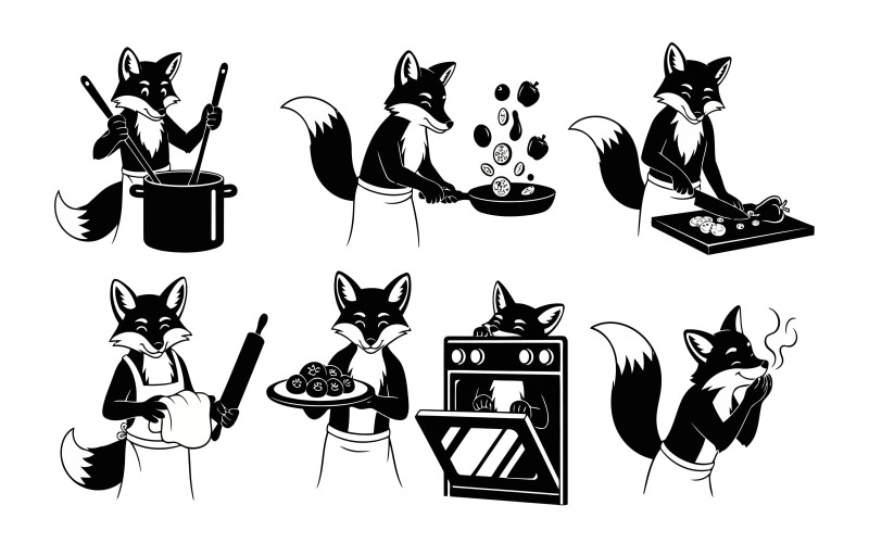 Raposas pretas fofas em silhueta, cozinhando, realizando atividades na cozinha, ilustração plana isolada em fundo branco.