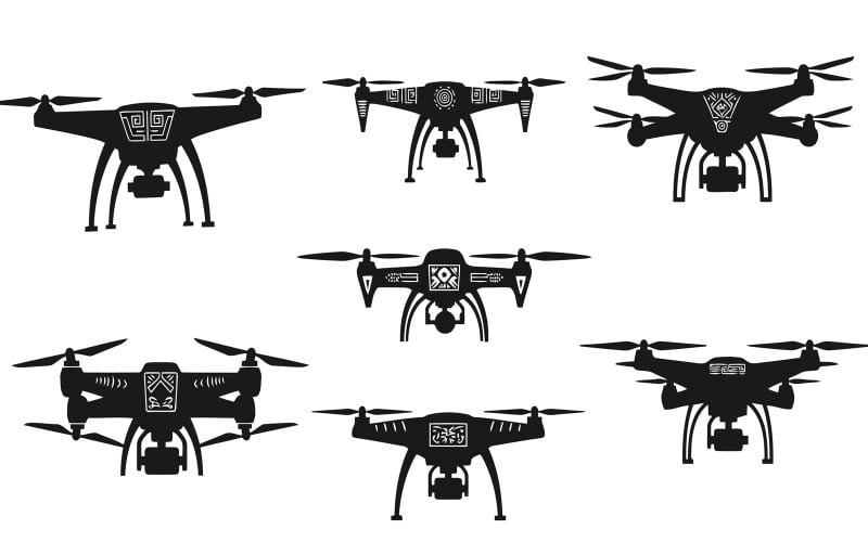 Schwarze Drohnen-Silhouetten im Flat-Design, isoliert auf weißem Hintergrund