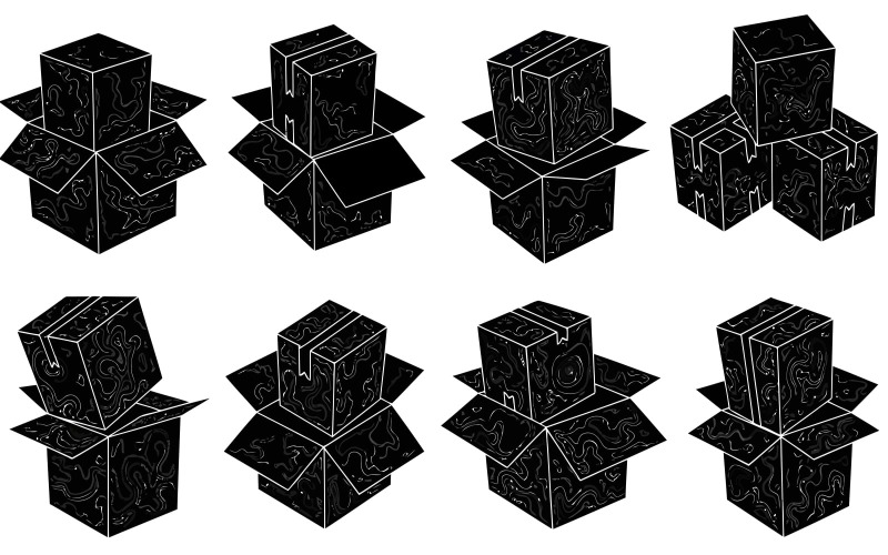 Set abstracte zwarte kartonnen dozen met golvende patronen, geïsoleerd op een witte achtergrond.