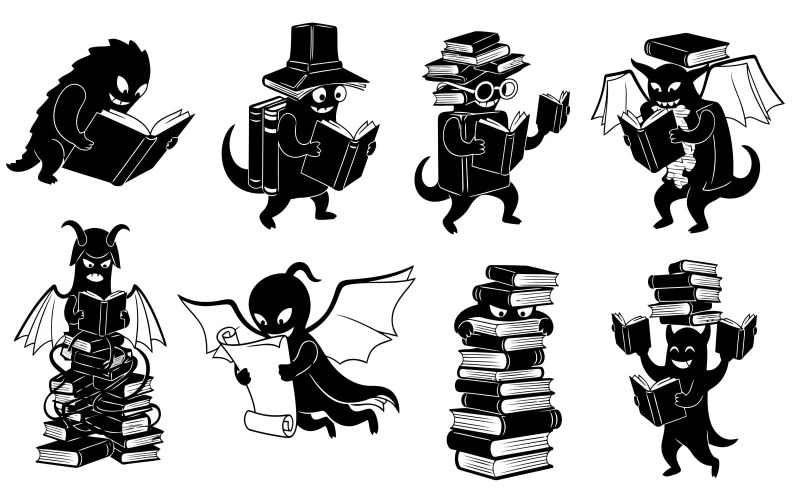 Silhuetas de oito personagens morcegos lendo livros, isoladas em fundo branco.