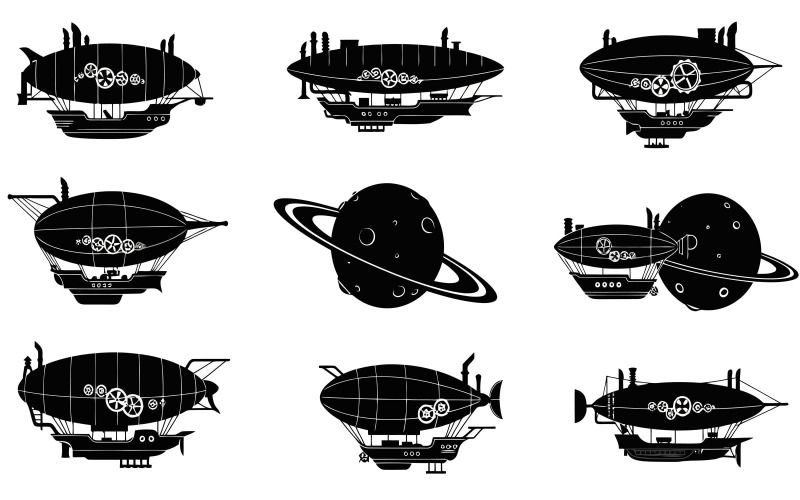 Steampunk-Luftschiffe und Saturnplaneten-Grafiken im Flat-Design, isoliert auf weißem Hintergrund