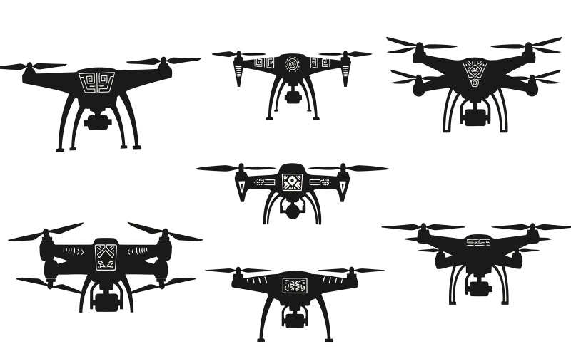 Zwarte dronesilhouetten in plat ontwerp, geïsoleerd op een witte achtergrond.