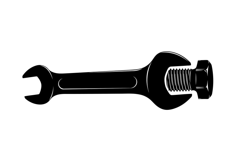 Schwarze Silhouette eines verstellbaren Schraubenschlüssels mit Schraube, flaches Design, isoliert auf weißem Hintergrund
