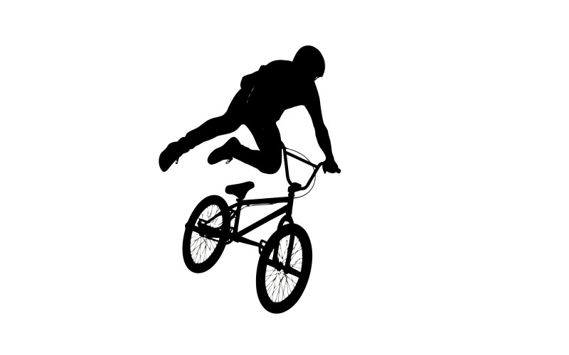 Silhouet van een man die een stunt uitvoert op een BMX-fiets in de lucht, geïsoleerd op een witte achtergrond.