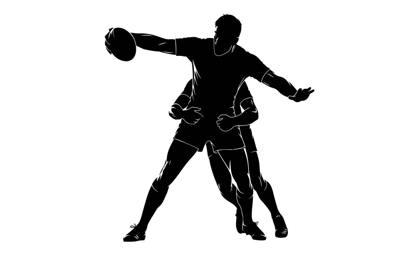 Zwarte silhouet van een rugbyspeler die de bal gooit terwijl hij getackeld wordt, geïsoleerd op een witte achtergrond.