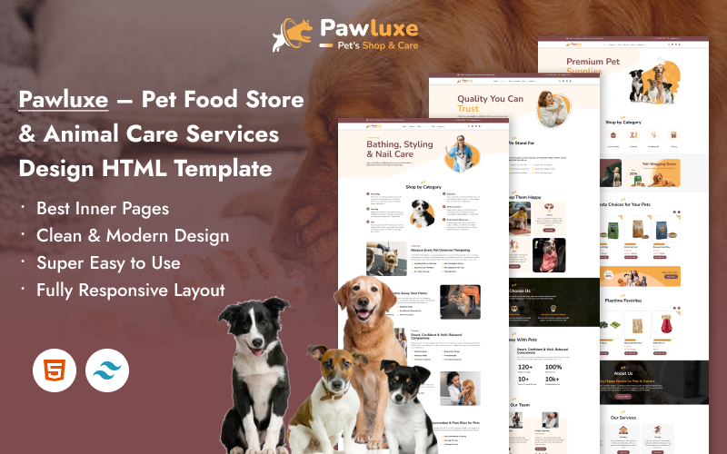 Pawluxe – HTML-шаблон магазину кормів для домашніх тварин та послуг з догляду за тваринами