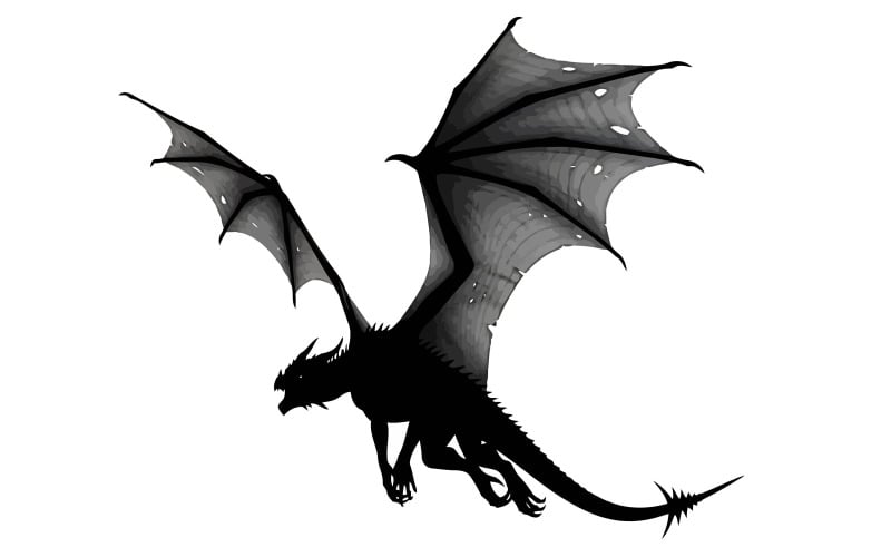 Sagoma di drago nero che vola isolata su sfondo bianco