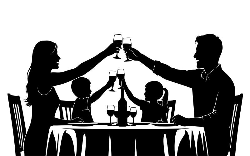 Силует родини з двома дітьми, які тостують келихи вина на ізольованому білому фоні