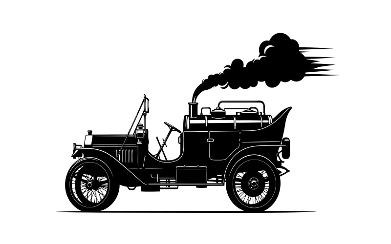 Silueta negra de un coche descapotable vintage con humo de escape aislado sobre fondo blanco