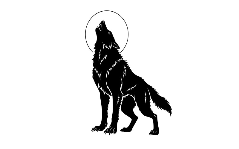 Silueta negra de un lobo aullando a la luna en un piso minimalista aislado sobre fondo blanco