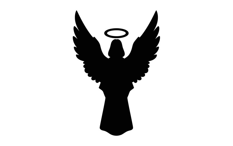 Černá silueta anděla s křídly a svatozářem izolovaných na bílém pozadí