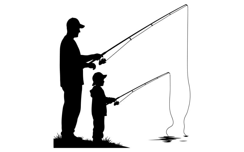 Silhouet van een man en een jongen die samen vissen aan de waterkant, geïsoleerd op een witte achtergrond.