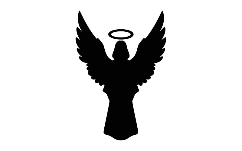 Silhouette noire d'un ange avec des ailes et une auréole, isolée sur fond blanc.