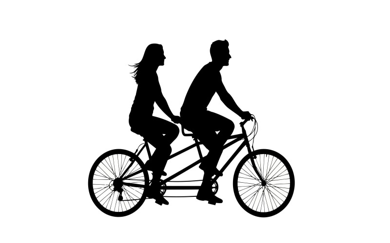 Silhueta de um casal andando de bicicleta tandem de perfil, isolada em fundo branco.