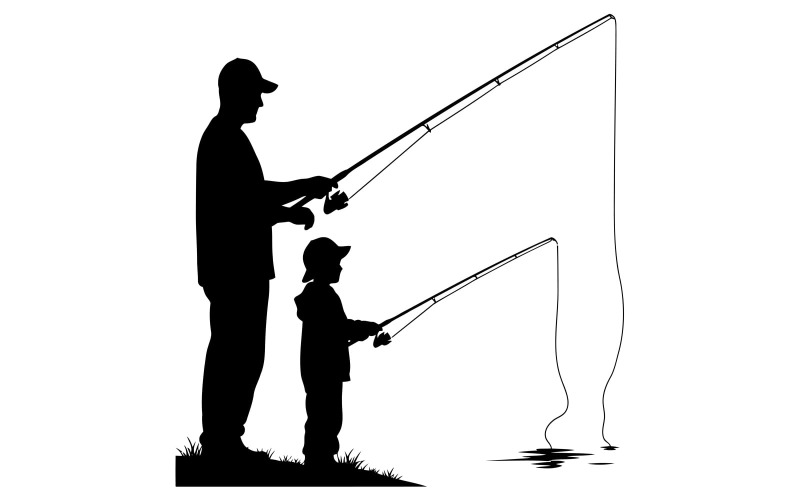 Sziluettje egy férfinak és egy fiúnak, akik együtt horgászik a víz szélén, elszigetelt fehér háttérrel.