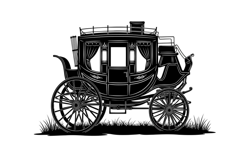 Elegante carrozza nera d'epoca con tende e ruote a raggi, isolata su sfondo bianco