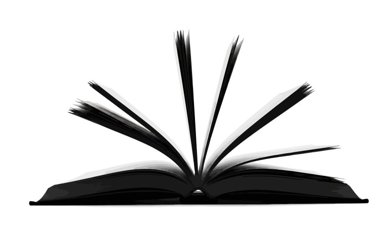 Livre ouvert orné d'un élégant motif de plumes noires et blanches sur les pages, isolé sur fond blanc.