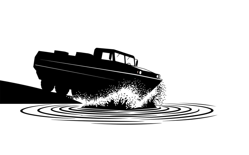 Silhouet van een krachtige sleepboot die golven opwekt in dynamische beweging, geïsoleerd op een witte achtergrond.