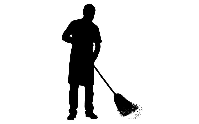 Silhouette di persona in abito lungo che spazza con una scopa tradizionale isolata su sfondo bianco