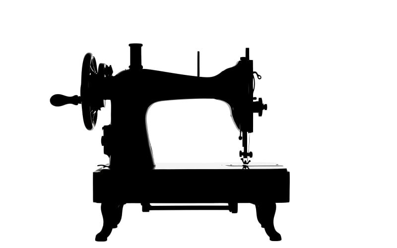 Silhouette einer Vintage-Handkurbel-Nähmaschine im klassischen schwarzen Design, isoliert auf weißem Hintergrund