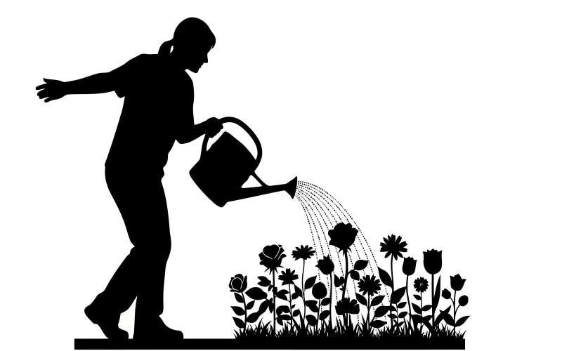 Silhouette eines Gärtners, der mit einer Gießkanne prächtige Blüten pflegt, isoliert auf weißem Hintergrund