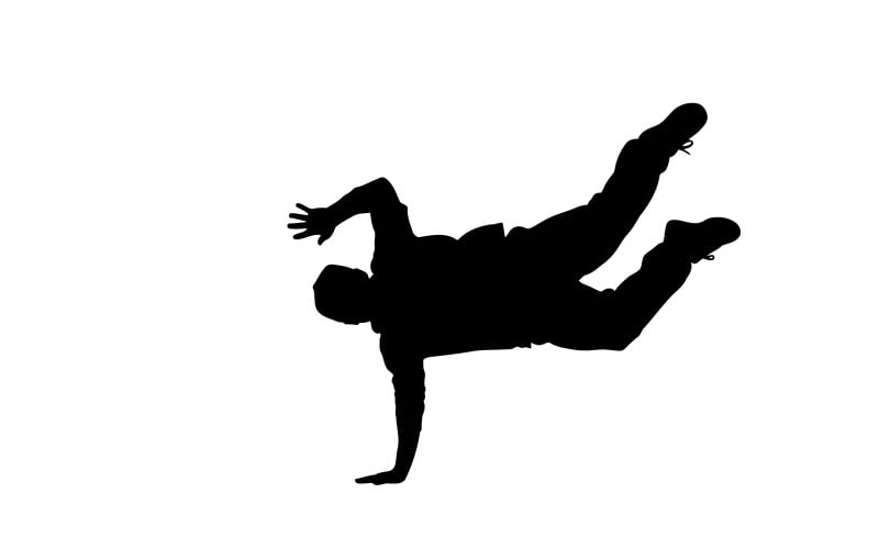 Zwarte silhouet van een persoon die achterover in de lucht valt, geïsoleerd op een witte achtergrond.