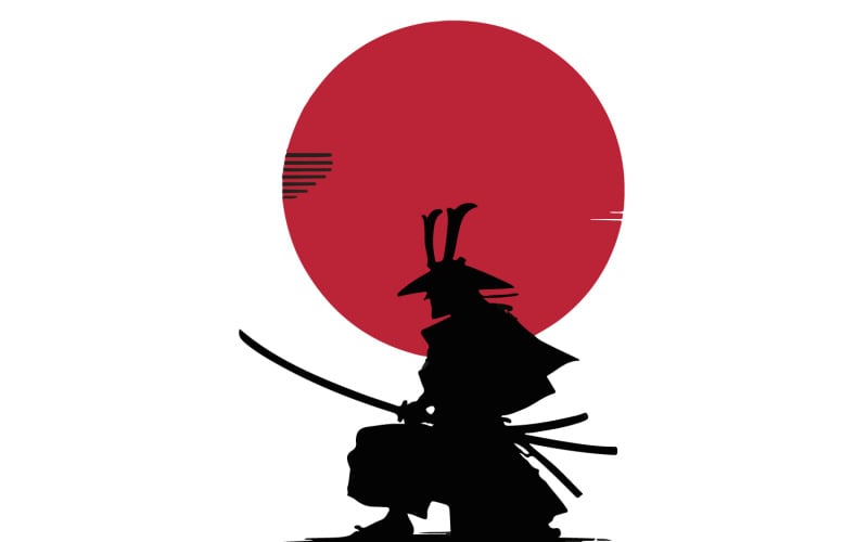 Красный солнечный диск над стилизованным силуэтом самурая.