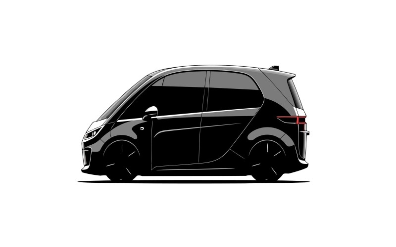 Ilustração vetorial de um carro elétrico compacto moderno na cor preta, com design elegante, isolado em fundo branco.