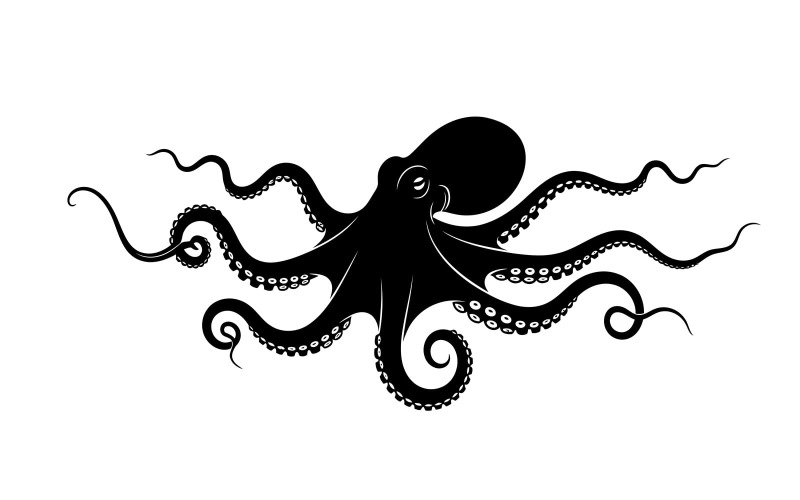 Minimalistische vectorillustratie van een octopus met gedetailleerde zuignappen aan de tentakels, geïsoleerd op een witte achtergrond.