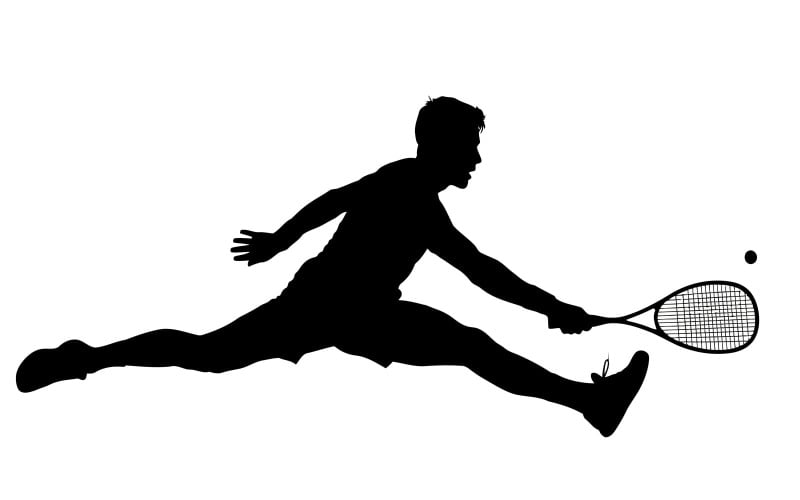 Silhouet van een atleet die een lage forehandslag uitvoert tijdens een tenniswedstrijd, geïsoleerd op een witte achtergrond.