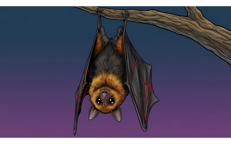 Illustrazione adorabile di un pipistrello appeso + disegno vettoriale lineare