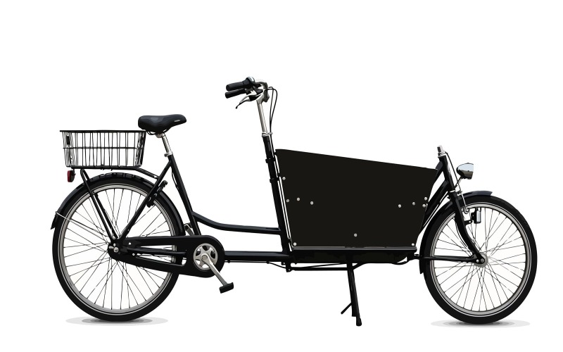 Bici da carico nera con ampio vano portaoggetti e cestino posteriore in filo metallico isolato su sfondo bianco