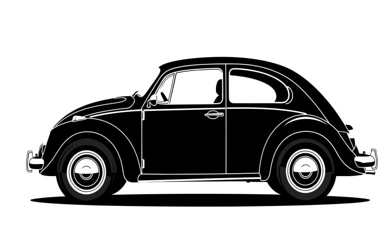 Illustrazione di un'auto d'epoca nera con design arrotondato e cromatura isolata su sfondo bianco