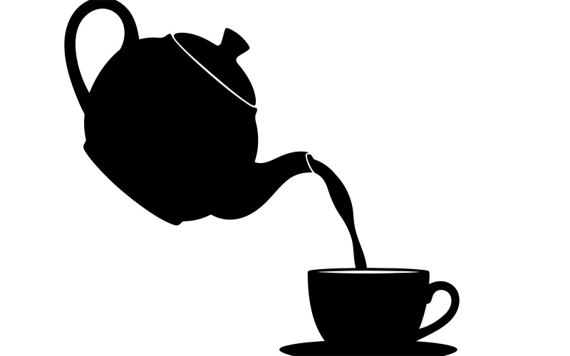 Minimalistische zwarte theepot die dampende thee in een bijpassend kopje schenkt, geïsoleerd op een witte achtergrond.