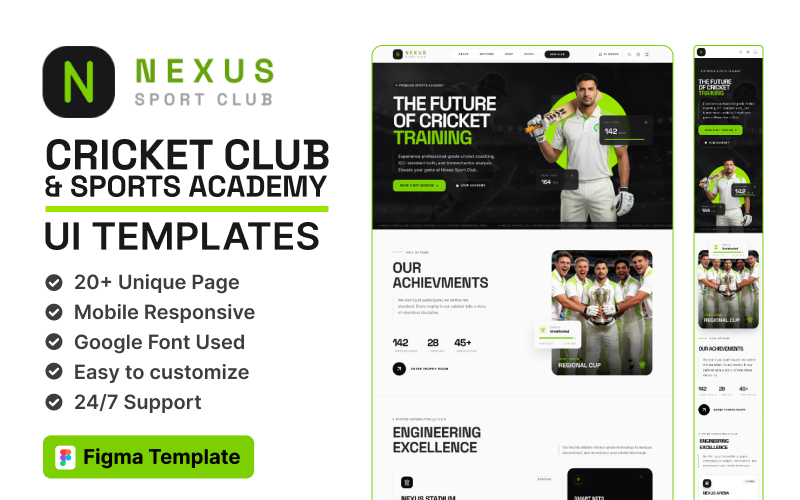 Nexus Sport Club – Figma-UI-Vorlage für Cricketclub und Sportakademie