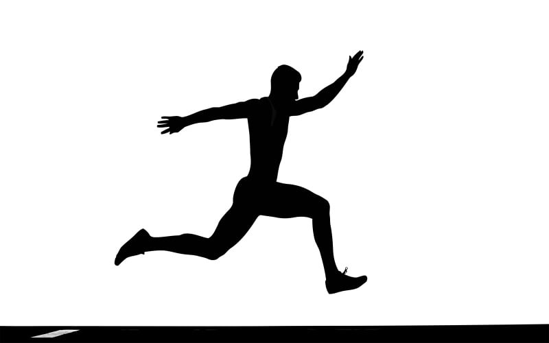 Silhouette nera dinamica di uno sprinter in pieno movimento su sfondo neutro isolato su sfondo bianco